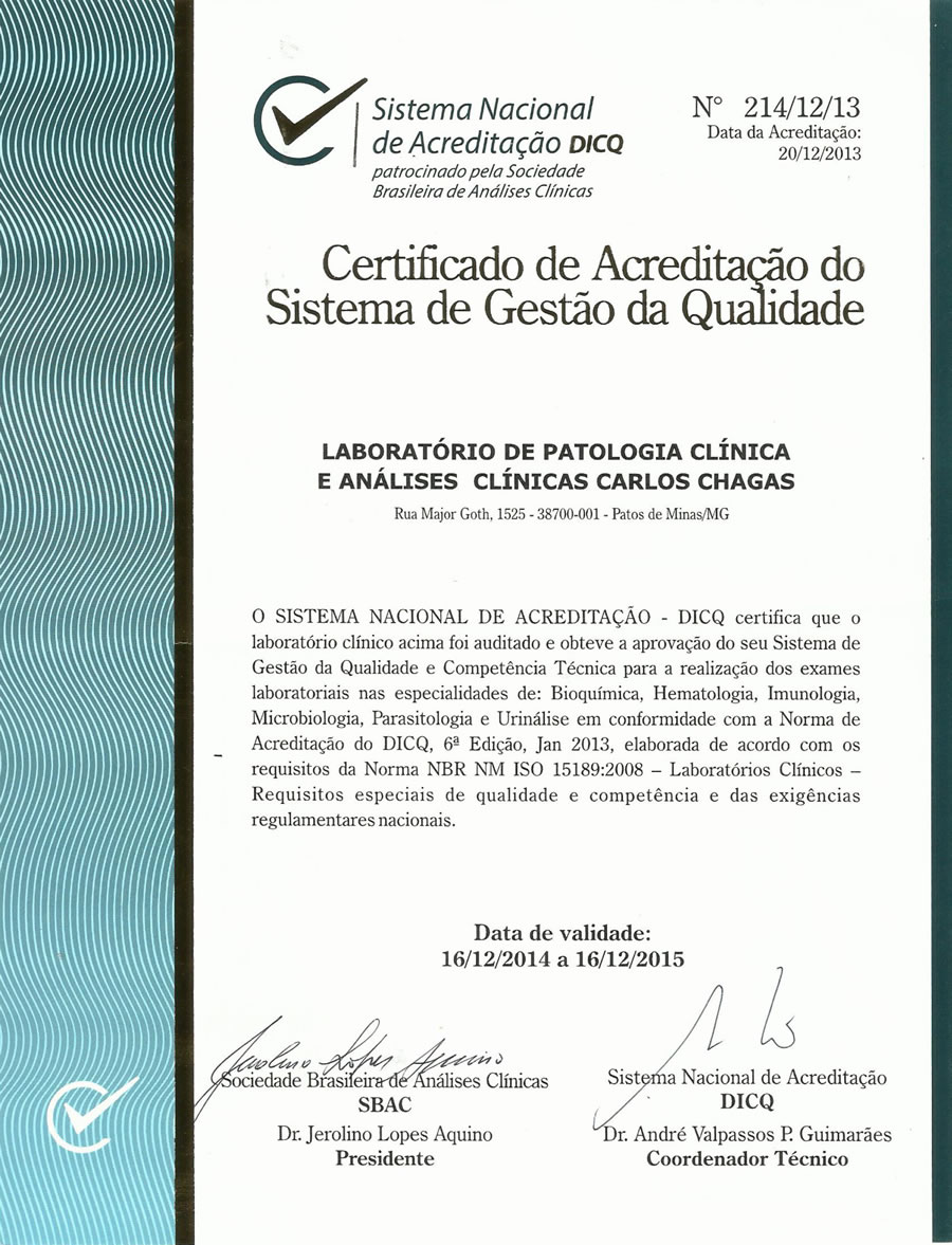Certificação DICQ Carlos Chagas Medicina Laboratorial