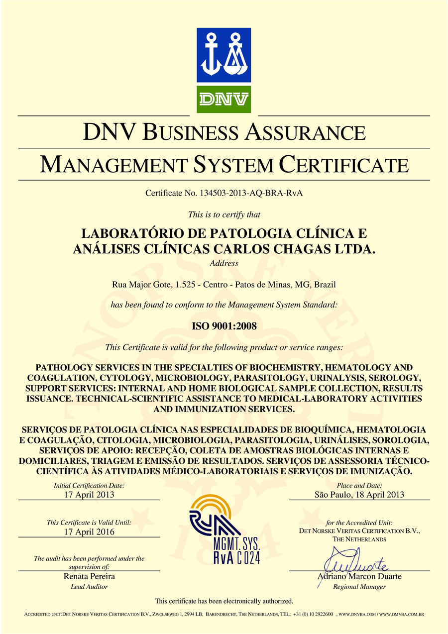 Certificação ISO 9001:2008 Carlos Chagas Medicina Laboratorial